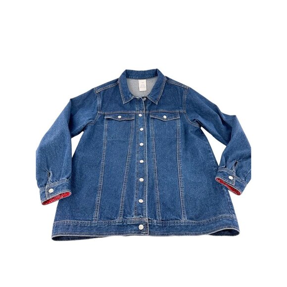 Denim Jean Jacket M Red Paisley Cuffs Button Front 100% Cotton Western Retro - Picture 8 of 14